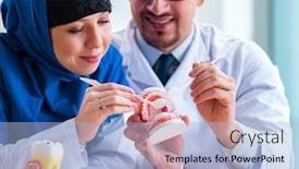  Presentation with implant tooth - Audience pleasing PPT theme consisting of dentist-doctor-and-assistant-working backdrop and a light blue colored foreground