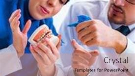  Presentation with implant tooth - Presentation theme consisting of dentist-doctor-and-assistant-working background and a coral colored foreground