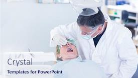  Presentation with patients - Presentation theme enhanced with dentist examining a patients teeth in the dentists chair at the dental clinic background and a sky blue colored foreground