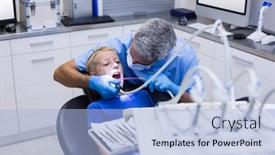  Presentation with tools - Colorful PPT theme enhanced with dentist-examining-a-young-patient backdrop and a light blue colored foreground