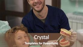  Presentation with artificial teeth - Slide deck with dentist explaining brushing procedure to a kid using artificial teeth's in clinic background and a coral colored foreground