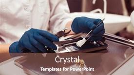  Presentation with dental office - Presentation theme featuring dentist-hands-holding-dental-tools background and a violet colored foreground