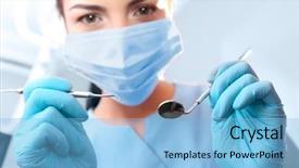  Presentation with periodontal - PPT theme having dentist holding mirror and periodontal background and a light blue colored foreground