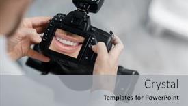  Presentation with flash - Presentation theme having dentist-holding-photo-camera background and a light gray colored foreground