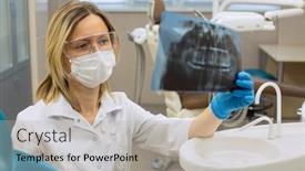  Presentation with dental office - Audience pleasing presentation consisting of dentist in dental office stares intently at x-ray image of jaw backdrop and a mint green colored foreground