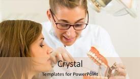  Presentation with denture - Presentation design featuring dentist in his surgery holds a denture and explains a female patient with a toothbrush background and a coral colored foreground