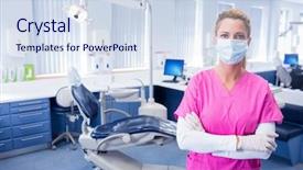  Presentation with surgical dental - Cool new PPT theme with dentist-in-surgical-mask-standing backdrop and a sky blue colored foreground