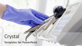  Presentation with dental office - PPT theme with dentist picking dental instruments background and a light gray colored foreground