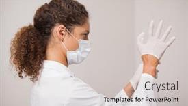  Presentation with surgical dental - Theme having dentist putting on surgical gloves at the dental clinic background and a soft green colored foreground