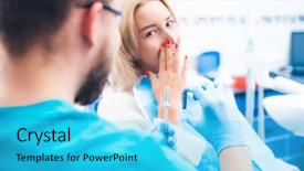  Presentation with implant - Audience pleasing slide set consisting of dentist showing gray implant model backdrop and a cyan colored foreground