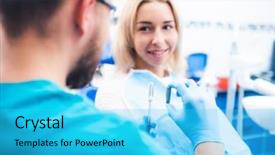  Presentation with implant - Amazing PPT theme having dentist showing gray implant model backdrop and a cyan colored foreground