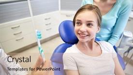  Presentation with patient care - Audience pleasing presentation design consisting of dentist showing toothbrush to patient backdrop and a  colored foreground