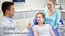  Presentation with patient care - Audience pleasing slides consisting of dentist showing toothbrush to patient backdrop and a light blue colored foreground