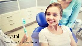  Presentation with health-care - Audience pleasing PPT layouts consisting of dentist showing toothbrush to patient backdrop and a  colored foreground