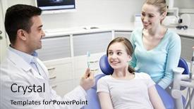  Presentation with patient care - Cool new PPT theme with dentist showing toothbrush to patient backdrop and a lemonade colored foreground