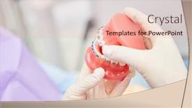  Presentation with denture - Audience pleasing slide deck consisting of dentist shows braces on a denture model before treatment as an example backdrop and a lemonade colored foreground