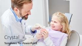  Presentation with denture - Slide set featuring dentist shows child as a patient a denture model and explains the planned caries treatment background and a lemonade colored foreground