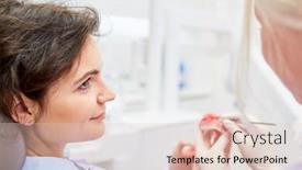  Presentation with malocclusion - PPT layouts having dentist shows patient a denture model with braces to correct a malocclusion background and a lemonade colored foreground