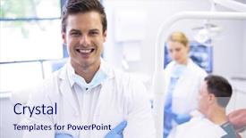  Presentation with dentist - Audience pleasing presentation theme consisting of dentist standing with arms cross backdrop and a sky blue colored foreground
