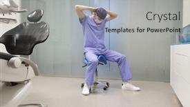  Presentation with dental office - PPT theme consisting of dentist-stretching-arms-and-neck background and a light gray colored foreground