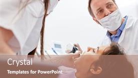  Presentation with dental office - PPT theme having dentist team and patient at the professional cosmetic whitening in the dental office background and a coral colored foreground