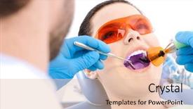  Presentation with cure - Cool new PPT theme with dentist uses photopolymer lamp to cure carious teeth of the patient backdrop and a lemonade colored foreground