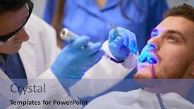  Presentation with dental materials - Beautiful presentation theme featuring dentist-using-dental-led-curing backdrop and a teal colored foreground