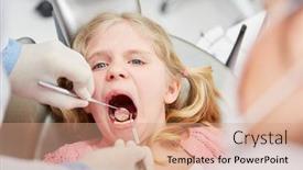  Presentation with foresight - Colorful slide set enhanced with dentist with mirror examines teeth of little anxious girl at caries foresight backdrop and a coral colored foreground