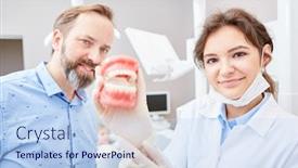  Presentation with denture - Colorful slide deck enhanced with dentist-with-patient-shows-model backdrop and a sky blue colored foreground