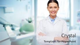  Presentation with medical concept - PPT theme featuring dentist with tools over medical background and a sky blue colored foreground