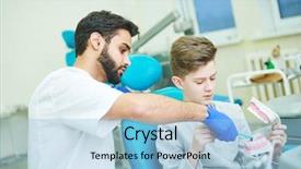  Presentation with patient care - Presentation design consisting of dentist with young patient training background and a light blue colored foreground