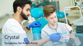  Presentation with patient care - Theme featuring dentist with young patient training background and a light blue colored foreground