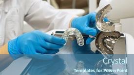  Presentation with dental laboratory - Slide deck featuring dentist woman hands holding removable orthodontic teeth alignment correction trainer appliance in dental clinic laboratory equipment medicine and science stomatology and healthcare concept background and a ocean colored foreground