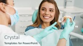  Presentation with teeth - Cool new theme with dentist-woman-showing-teeth-imitation backdrop and a sky blue colored foreground