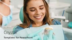  Presentation with teeth - PPT layouts enhanced with dentist-woman-showing-teeth-imitation background and a light blue colored foreground