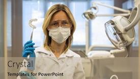  Presentation with correction - Audience pleasing slide set consisting of dentist woman shows a removable orthodontic teeth alignment and correction trainer appliance in dental office backdrop and a coral colored foreground