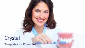  Presentation with health care - Theme with dentist woman with the teeth model dental health care clinic background and a sky blue colored foreground