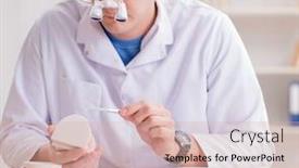  Presentation with implant - Slide deck having dentist working teeth implant in medical lab background and a soft green colored foreground