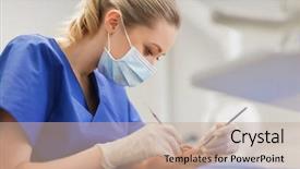  Presentation with dentist - Beautiful slide set featuring dentistry dental instrument - female dentist checking up male backdrop and a coral colored foreground