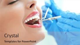  Presentation with dentist - PPT layouts with dentistry dental instrument - young woman visiting dentist background and a coral colored foreground