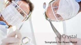  Presentation with surgical dental - PPT theme enhanced with dentists as a medical team with surgical mask and visor before surgery in the dental clinic background and a light gray colored foreground
