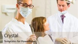  Presentation with drill - Presentation theme having dentists in his surgery holds a drill and looking at the viewer in the background her colleague is giving a female patient a treatment background and a coral colored foreground