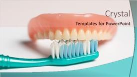  Presentation with dental hygiene - PPT theme having denture-and-toothbrush-dental-cleaning background and a coral colored foreground