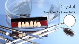  Presentation with denture - Audience pleasing presentation consisting of denture-with-dental-tools backdrop and a light blue colored foreground