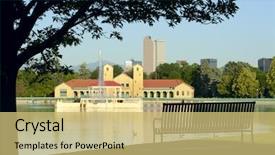  Presentation with lonely - Slides consisting of denver city park lonely tree and park bench focus on bench with shallow depth of field background and a yellow colored foreground