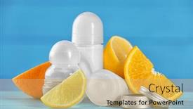  Presentation with citrus - Presentation enhanced with deodorants for women and citrus fruits on table background and a yellow colored foreground