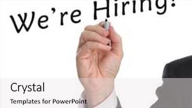  Presentation with hiring - Cool new presentation design with human resource departemen - businessman drawing we're hiring message backdrop and a white colored foreground