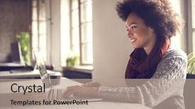  Presentation with african american women in computer - Presentation design featuring department digit - young afro-american female working background and a coral colored foreground