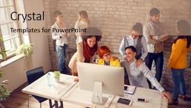  Presentation with small group working - Presentation theme having department digit - young cheerful working group background and a coral colored foreground