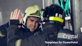  Presentation with fire truck - Slide set having photo of two firemen men background and a tawny brown colored foreground